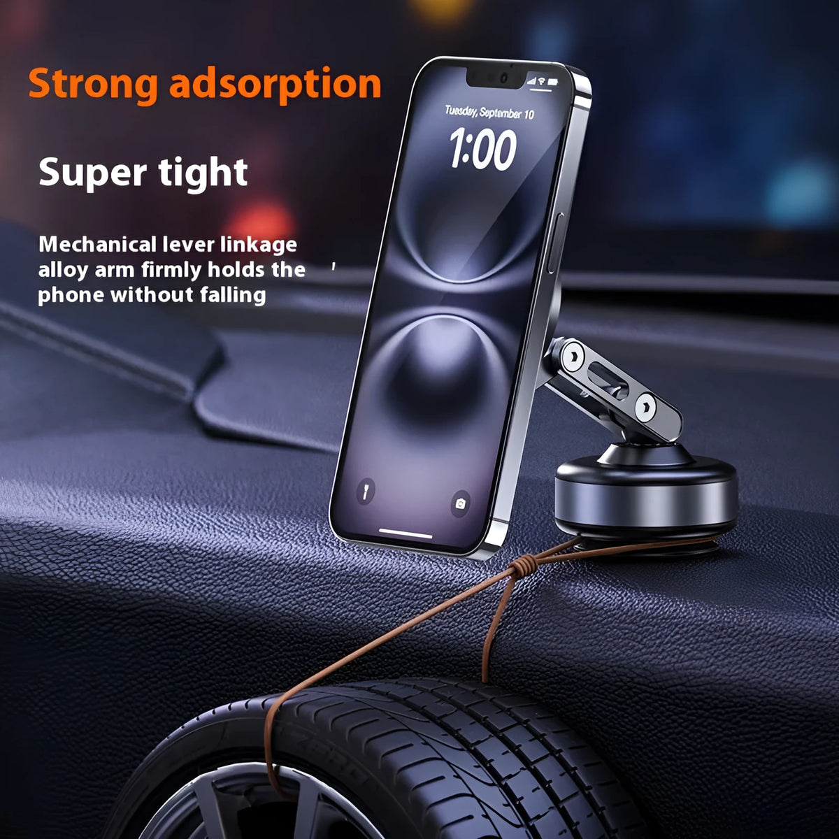 Magnetic car phone holder with vacuum suction cup dashboard mount and 360° rotating adjustment, dark grey.