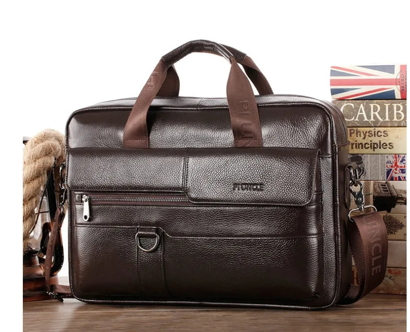 14 inch black leather men's briefcase in top layer cowhide with single shoulder strap and multiple interior pockets