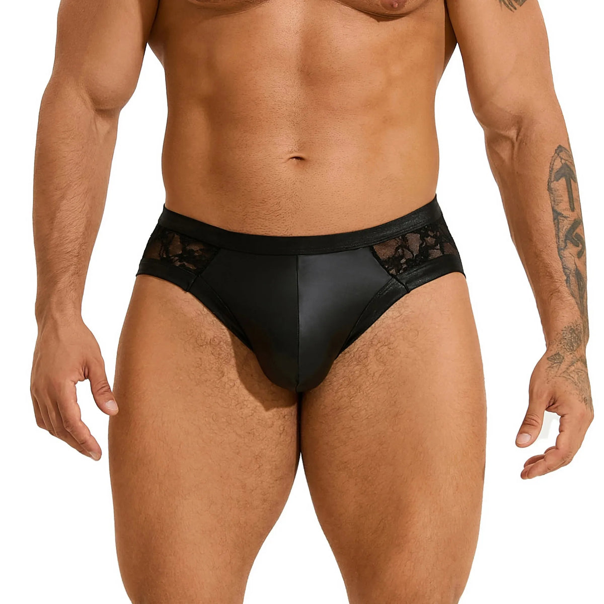 Black men's briefs with faux leather, polyester fabric, stitching and lace detail, sizes M to 3XL