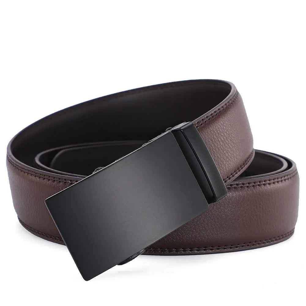 Men's automatic buckle belt in genuine cowhide leather, black finish, with alloy buckle