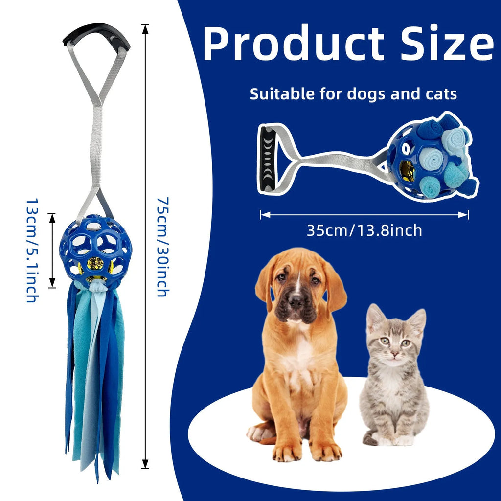Interactive hollow TPR bell toy ball for dogs and cats in green colour on a surface