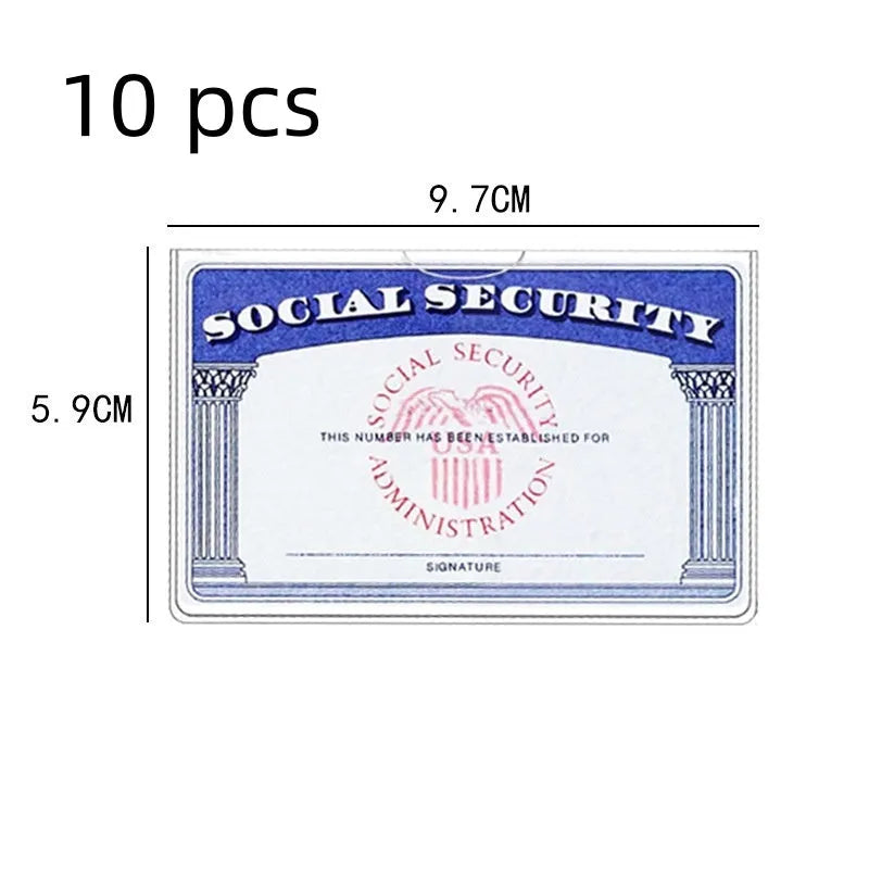 Clear PVC social security card holder measuring 9.7 by 5.9 centimetres.