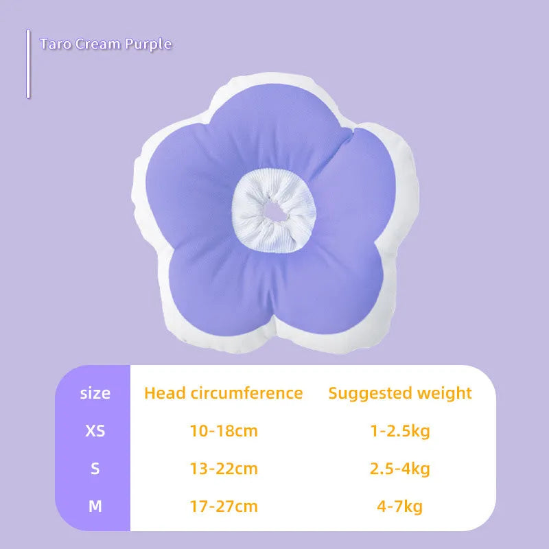 Blue cotton cat recovery collar with flower design, shown in size M.
