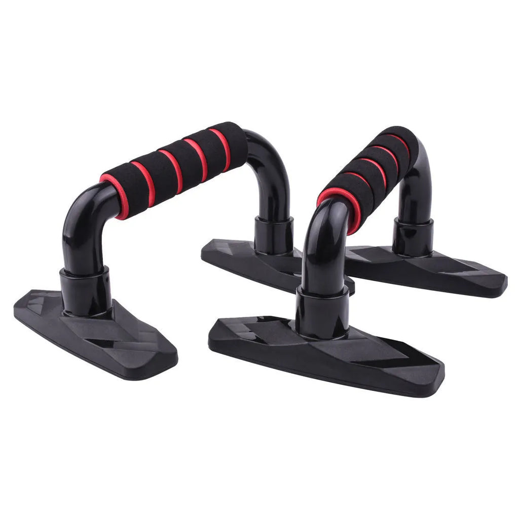 Two I-shaped push up bars with PP sponge grips, shown in blue colour on a plain background.