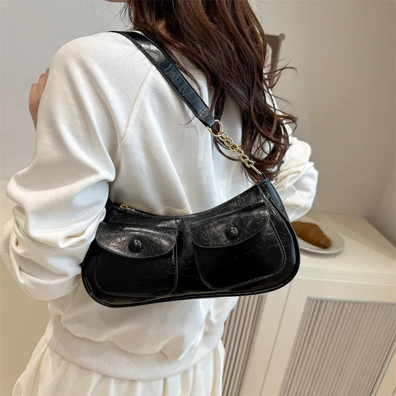 PU clamshell bag for women in horizontal square shape with single strap and splicing detail, available in black coffee red white colours