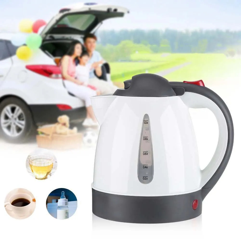 Travel kettle for vehicle use with 1000ml capacity and 12V power option