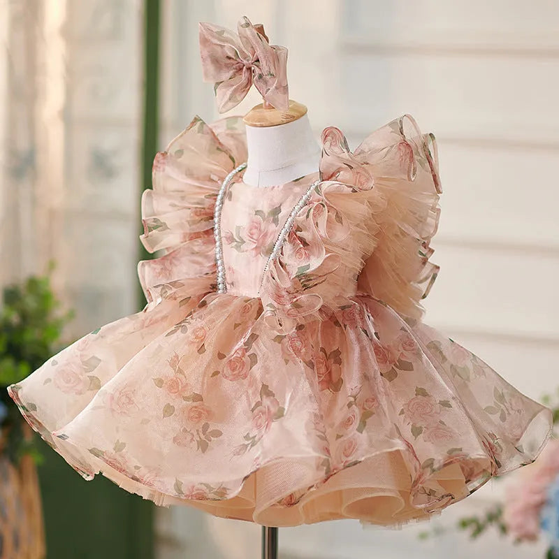 Girls' Super Mori pettiskirt dress in picture colour with matching headpiece, available in heights 80cm to 160cm