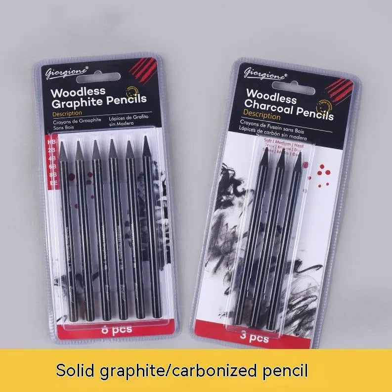 Set of six graphite and three carbonised drawing pencils with wooden shells on suction card packaging.