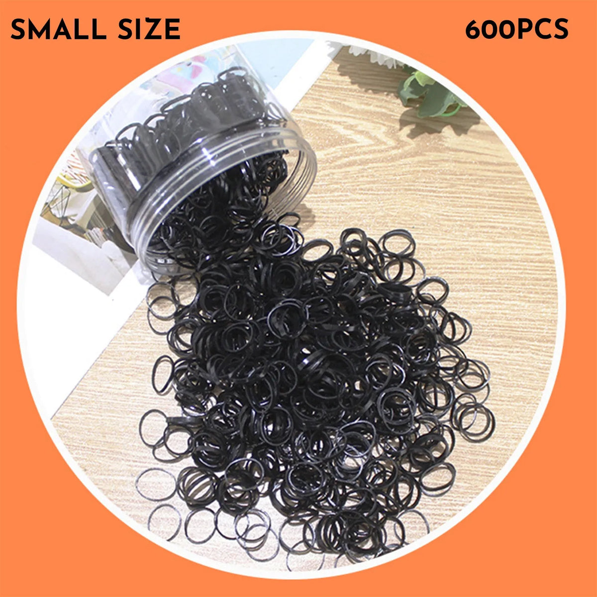 Multi-colour TPU baby hair elastic bands spilling from a reusable container.
