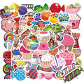 Pack of 50 colourful candy graffiti cartoon stickers measuring 4-6cm on pink background