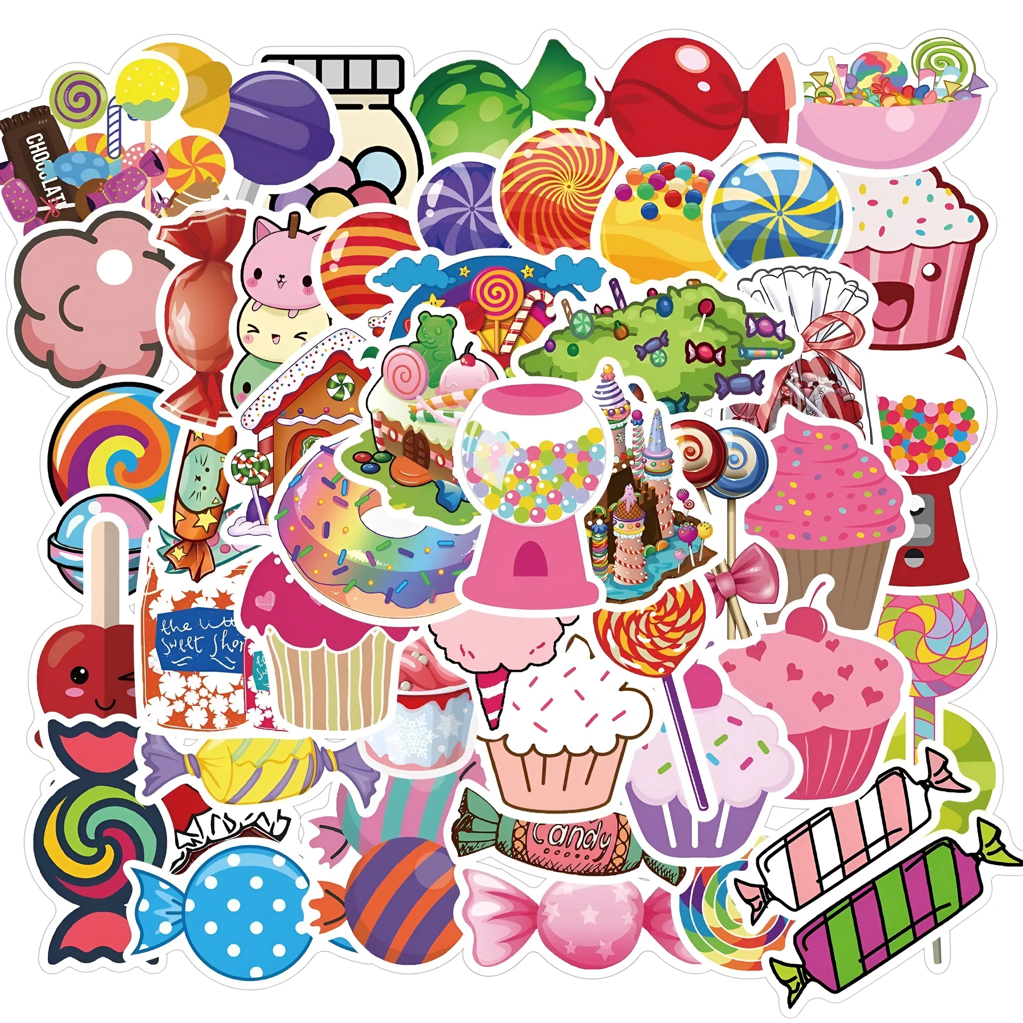 Pack of 50 colourful candy graffiti cartoon stickers measuring 4-6cm on pink background