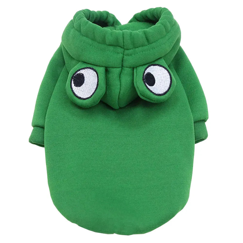 Green frog pattern hoodie costume on a small dog, showing hood and four-legs design.