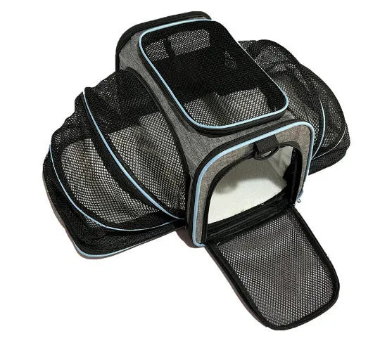 Black pet trolley bag with grey-blue border, mesh panels, size 46x28x28cm for pets up to 7.5kg