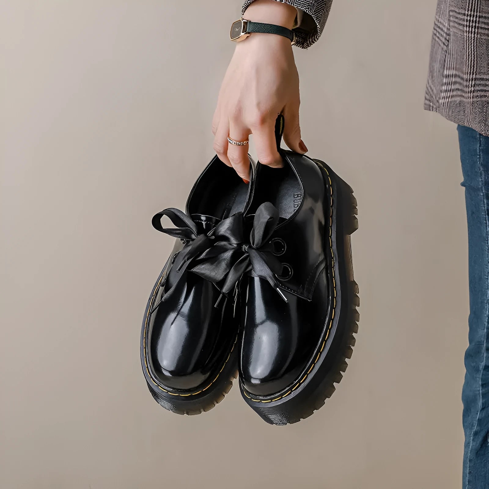 Women's black small leather shoes with thick TPR soles and cross strap design