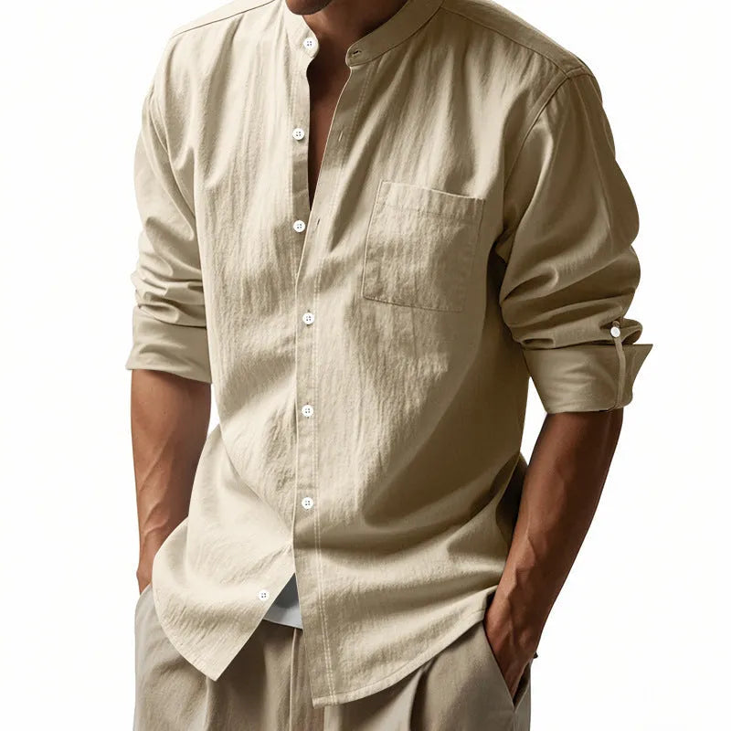 Men's long sleeve stand collar shirt with pockets in light blue, khaki, white, black or dark grey, sizes S to XXXL