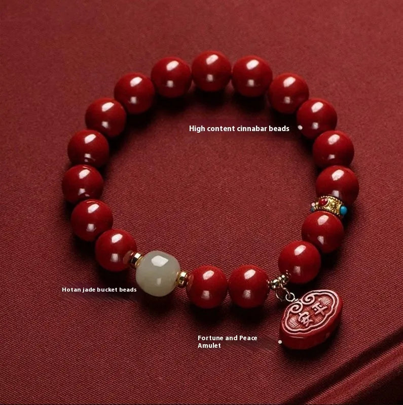 Red cinnabar bracelet with Ping An Fu Lu design in Emperor sandstone style showing 8mm and 10mm size options