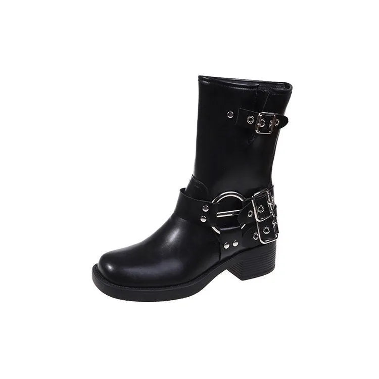 Women's black platform boots with buckle detailing showing middle calf length