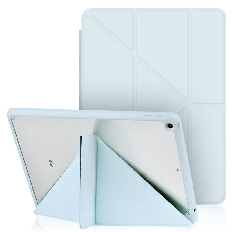 iPad protective case with Y-shaped folding bracket stand and Apple Pencil storage slot in imitation leather