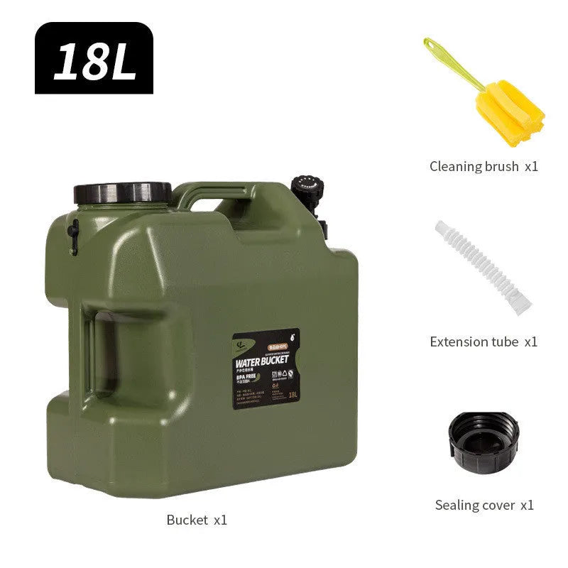 Portable 18L square PE plastic water storage container with faucet in army green for camping and car use