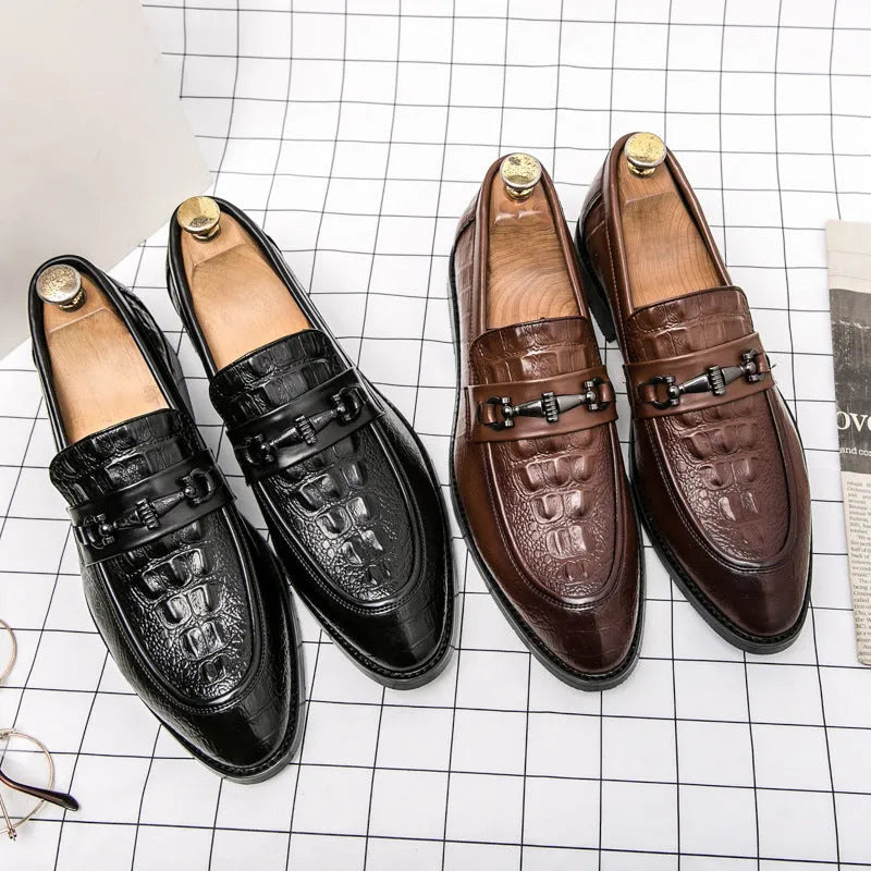 Men's black pointed toe slip-on formal shoes with belt buckle, artificial PU upper, low-top wedding groom's footwear