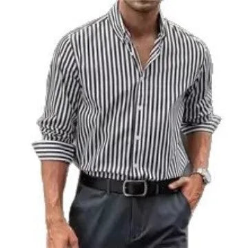 Men's casual stripe button shirt in loose cardigan style, polyester long sleeve, available in Khaki
