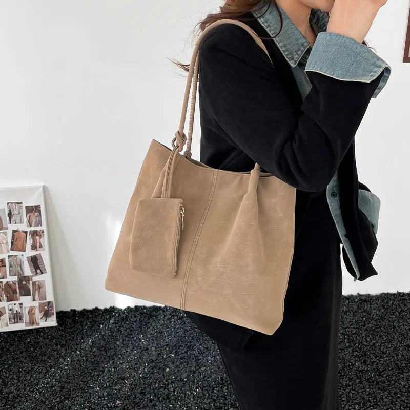 Women's large-capacity matte suede shoulder bag in horizontal rectangle shape with stitched seams