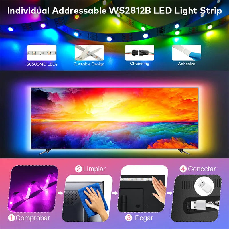 Magic colour 30m LED light strip with 5050 WS2812b beads, Bluetooth 28-key remote, for TV background and venue lighting