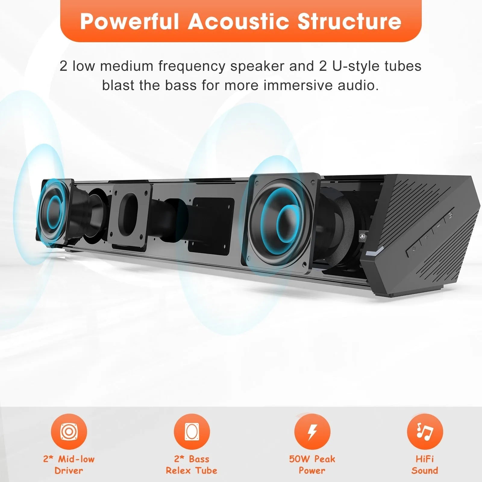 Black small wholesale echo wall soundbar bar TV speaker with 40W power and HDMI inputs, dimensions 420mm x 109mm x 72mm