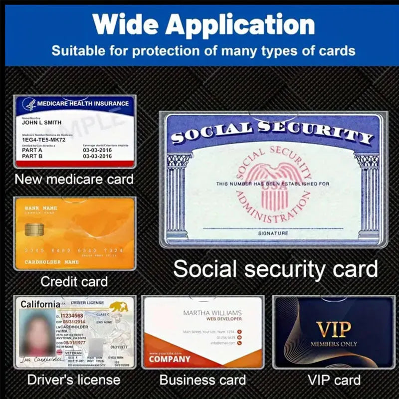 Clear PVC social security card holder measuring 9.7 by 5.9 centimetres.