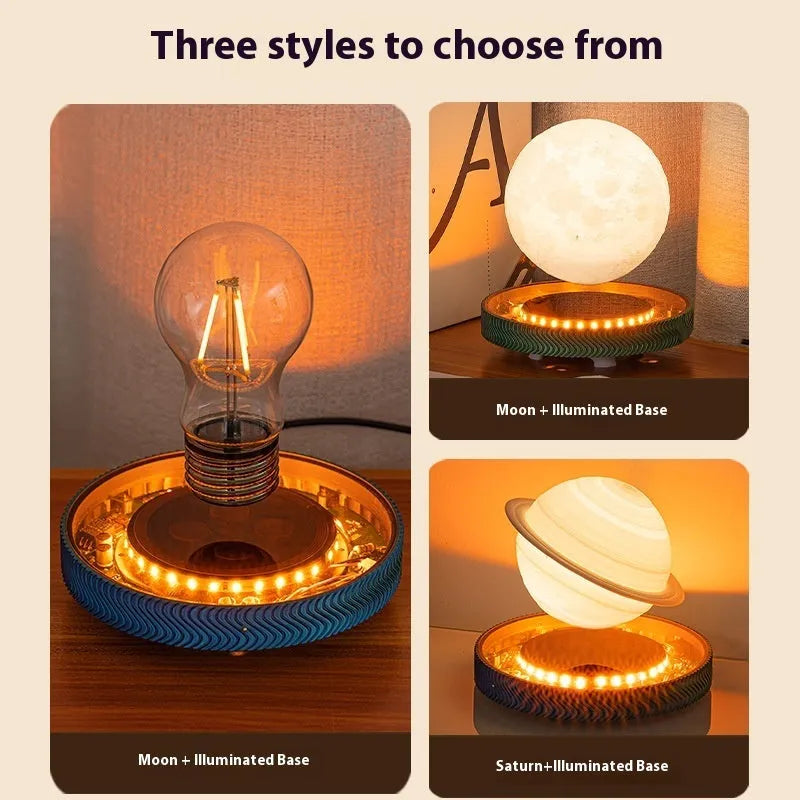 Magnetic suspension 3D printed moon night lamp on a desk with USB cable.