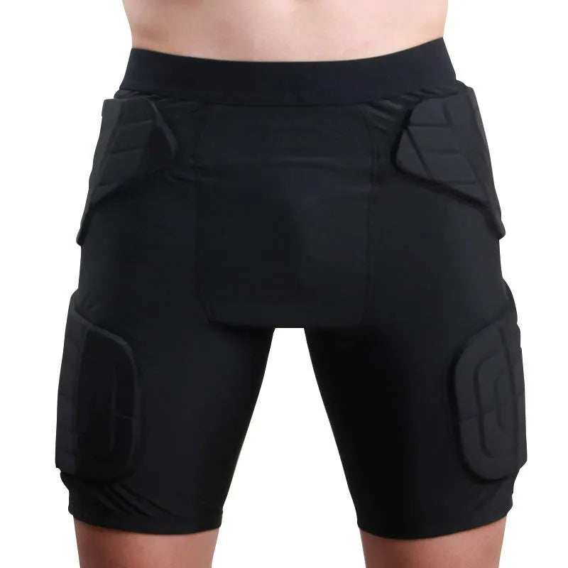 Black anti-collision sports pants for basketball and rugby, adult sizes M to 2XL, polyester spandex blend, waist protection.