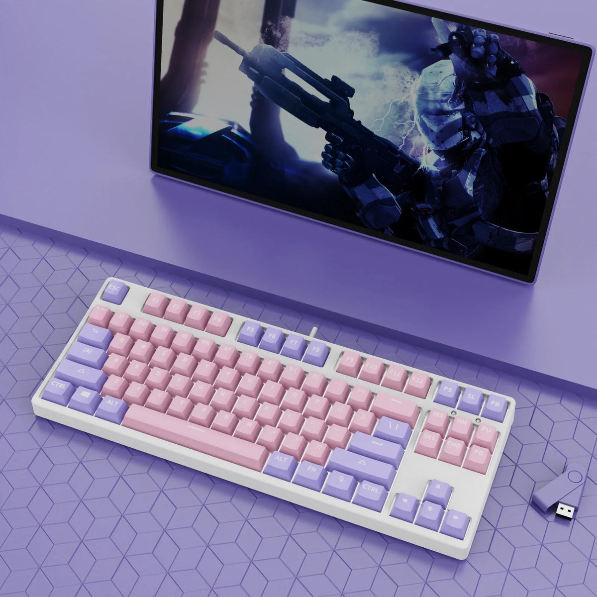 87-key wired mechanical keyboard with hot-swappable switches showing multiple colour combination options
