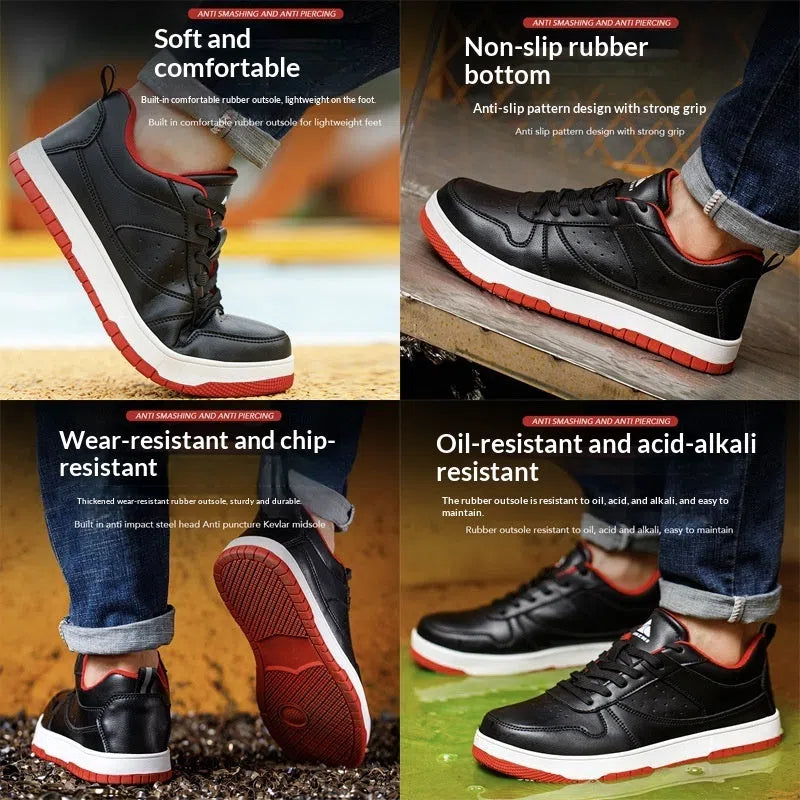 Black low-cut anti-smash anti-puncture safety work shoes with rubber sole on a workshop floor