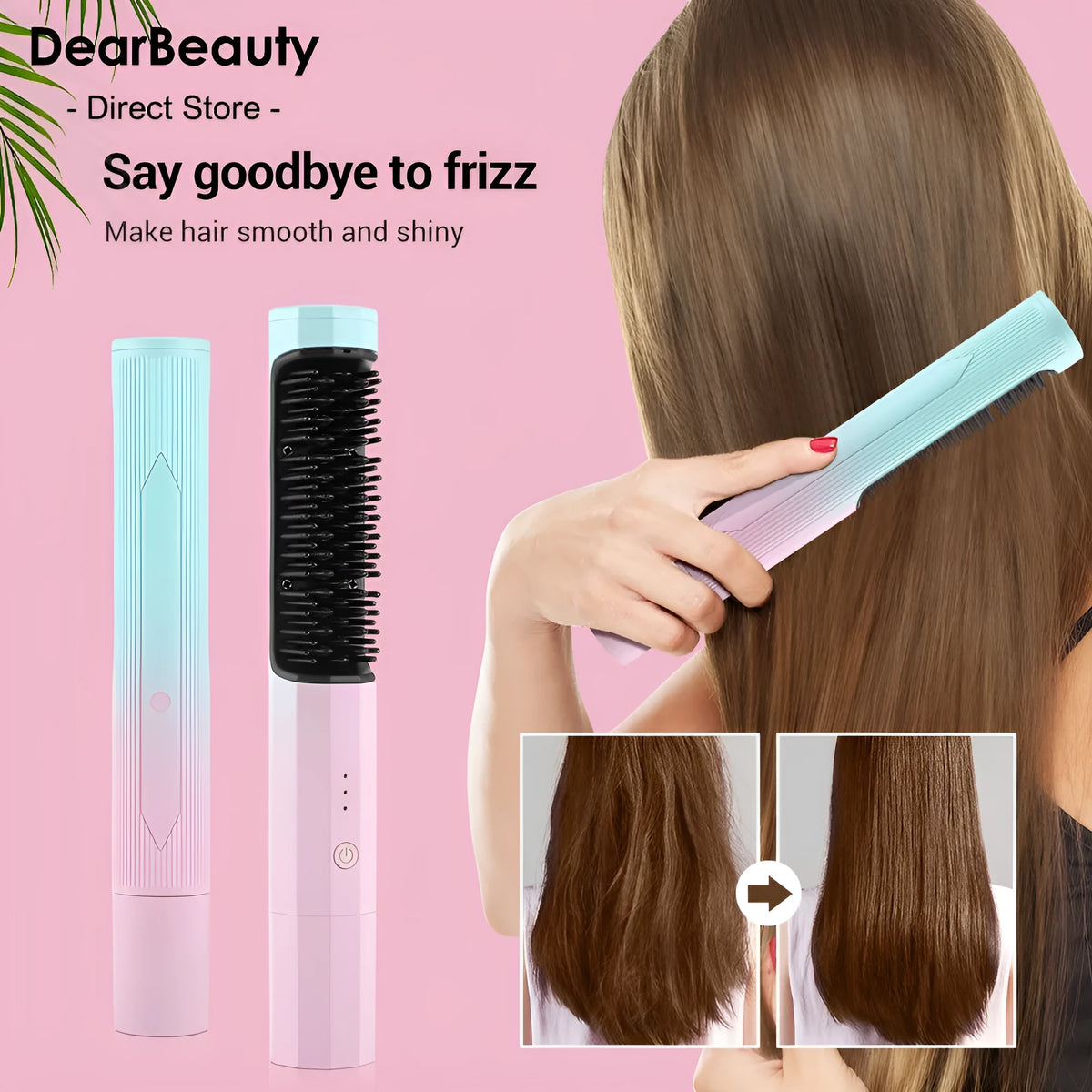 Cordless straightening comb in pink or purple, rechargeable hair brush with anti-scald comb and USB cable, 23cm long