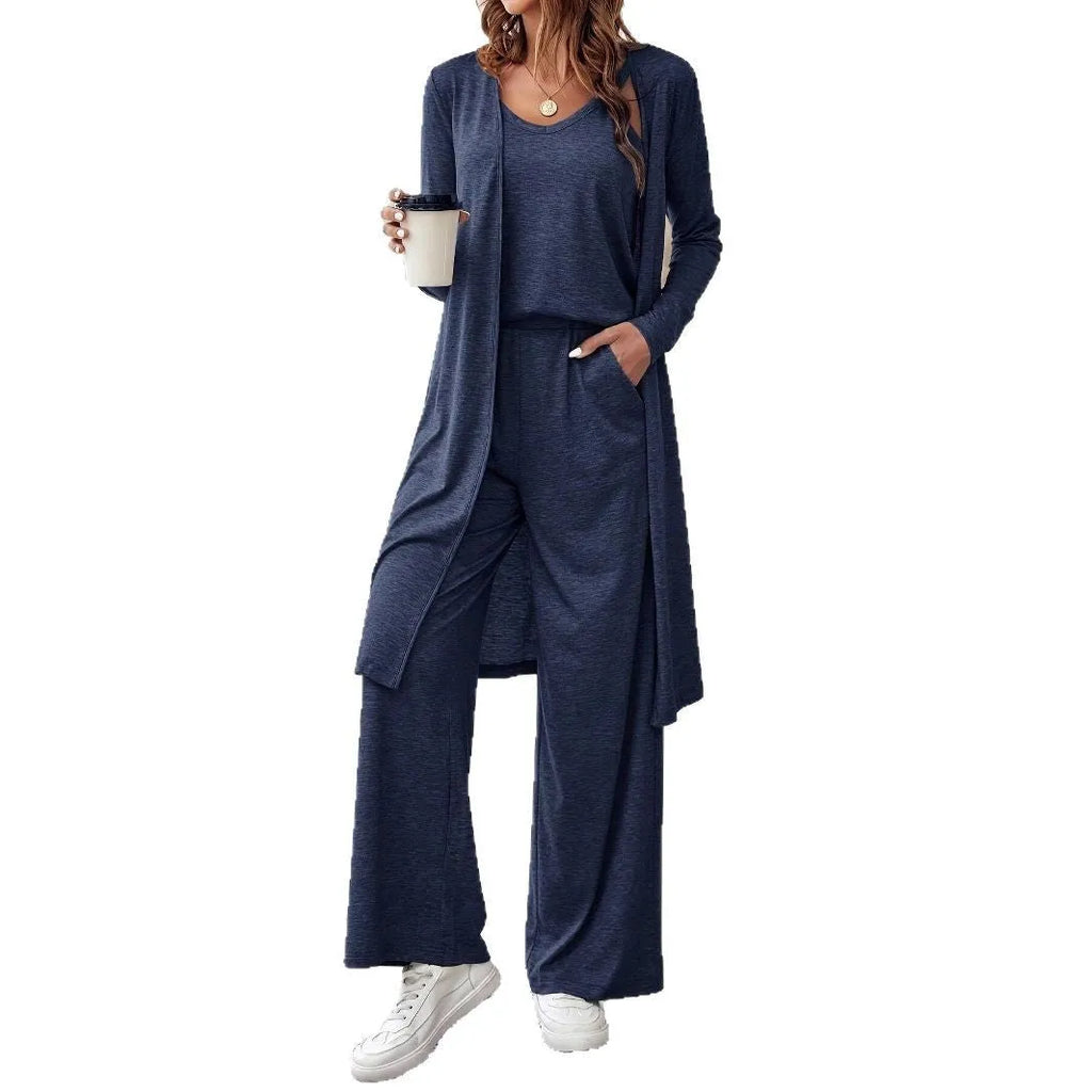 Women's blue polyester casual suit with long sleeve top, trousers, and suspenders in Japanese Korean style