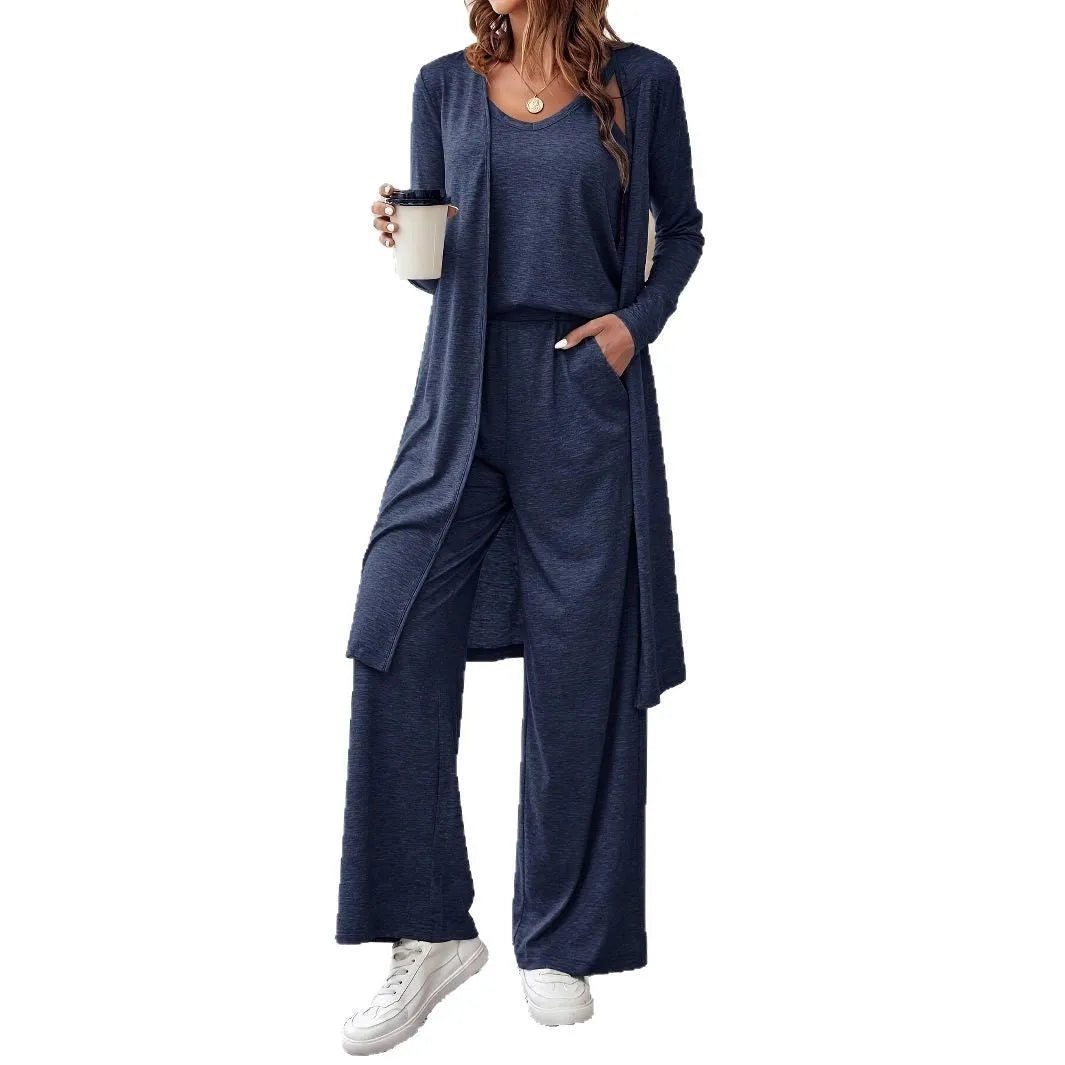 Women's blue polyester casual suit with long sleeve top, trousers, and suspenders in Japanese Korean style