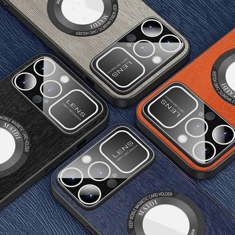 Magnetic iPhone case with large window tree pattern in silver gray, vibrant orange, elegant black or sapphire blue, TPU leather pattern