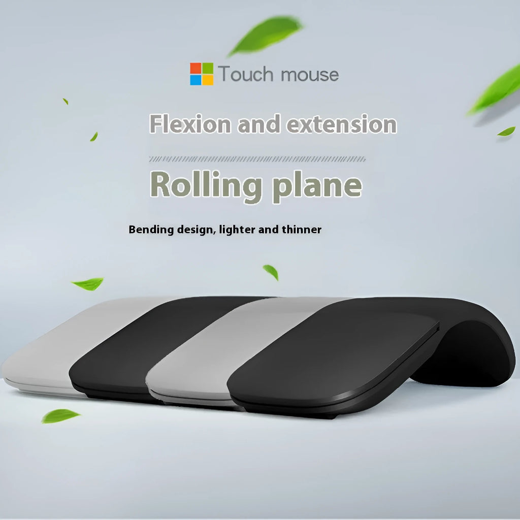 Folded Bluetooth wireless mouse showing compact size with touch surface and multiple colour options