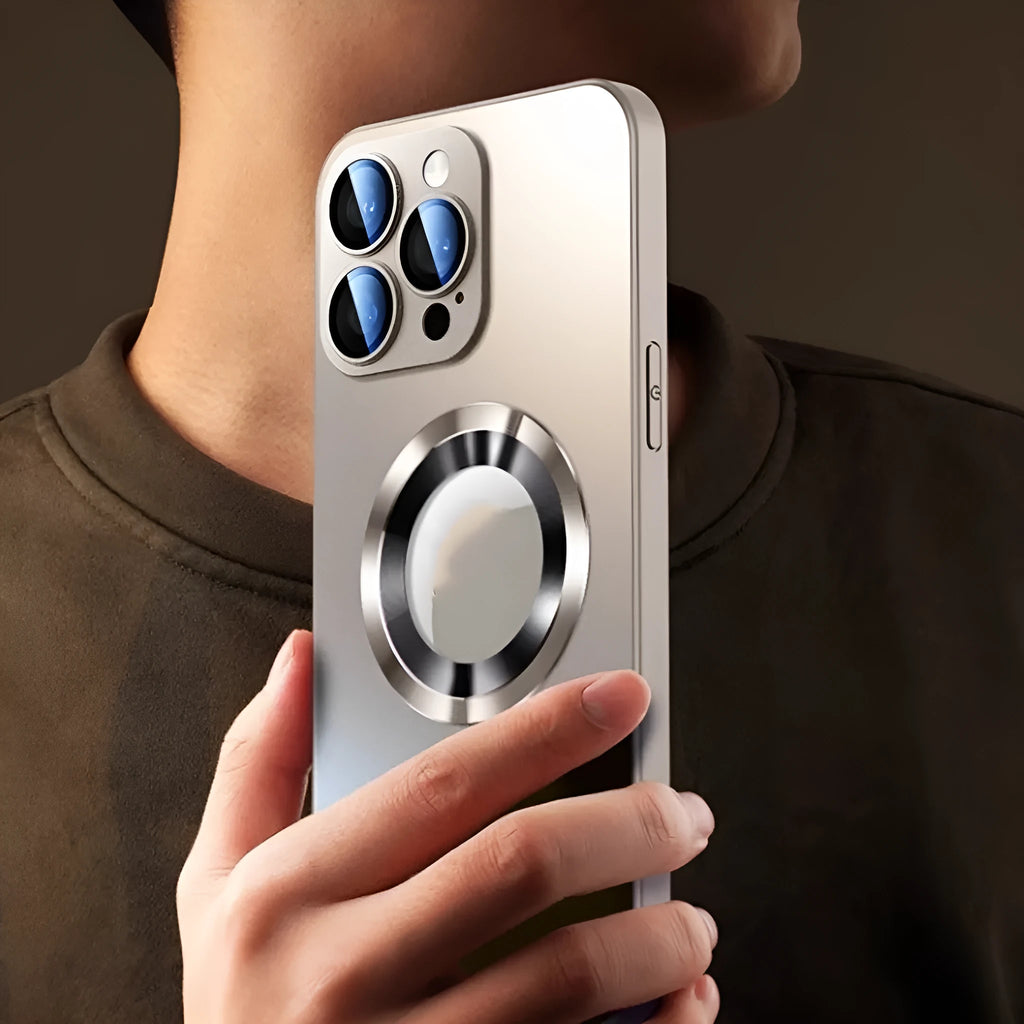 Frosted magnetic glass phone case for iPhone 15 and 16 in titanium, black, blue, and purple colours.