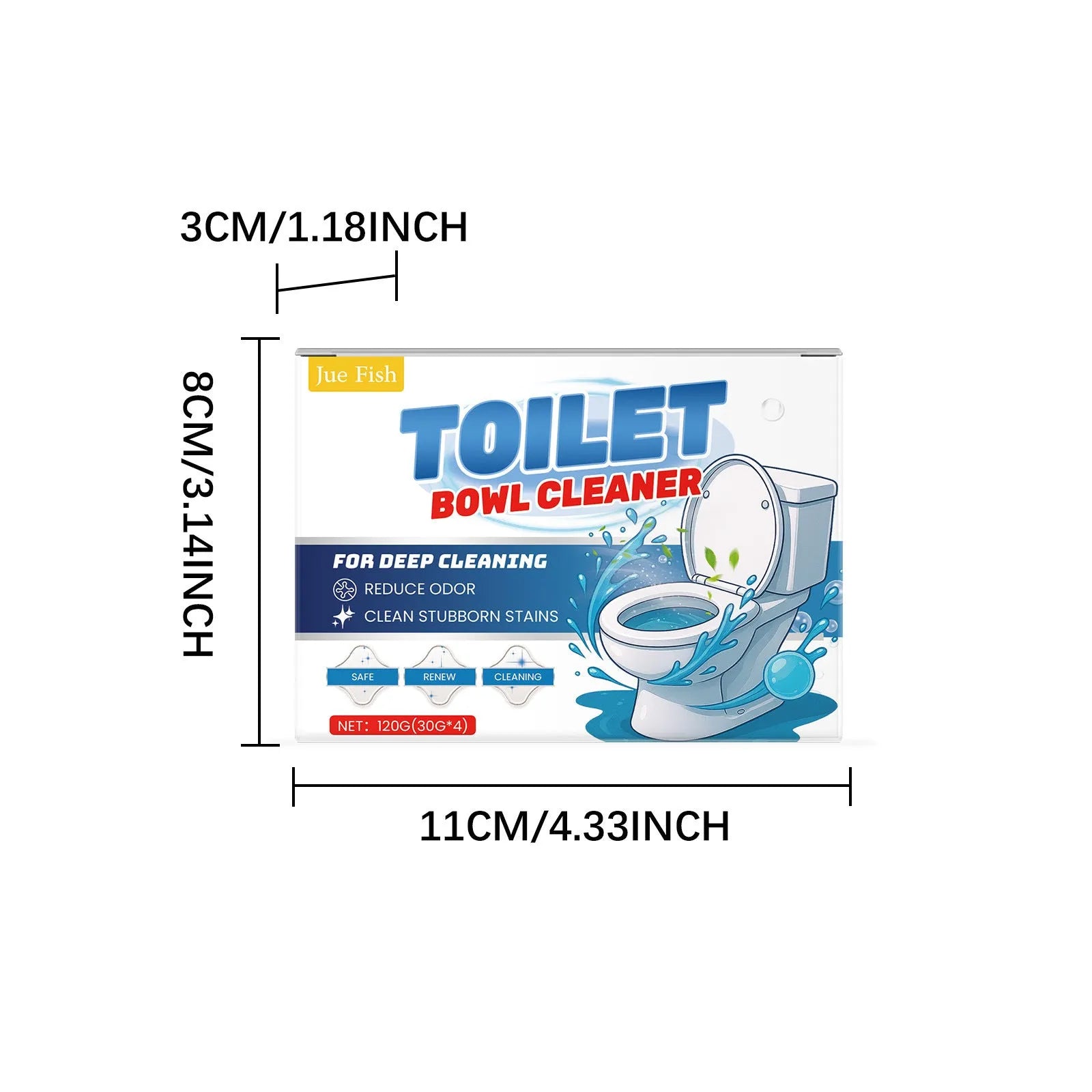 Four sachets of toilet cleaning powder for stains and odour, total 120g, on a bathroom background.