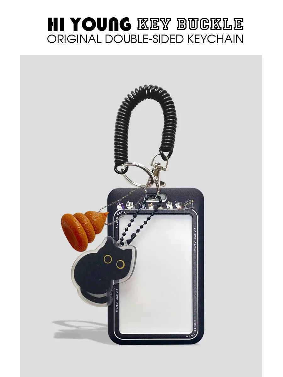 Plastic card holder sleeve with a detachable cute black cat pendant, designed for student IDs and travel cards.