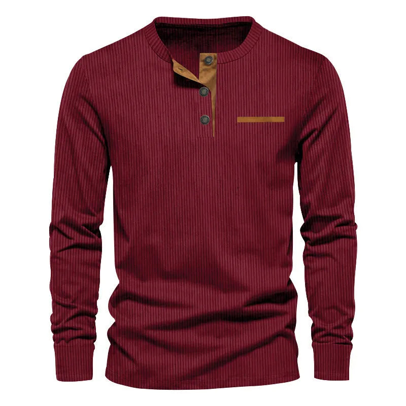 Men's slim fit corduroy henley long sleeve t-shirt in solid colour, available in multiple colours, front view