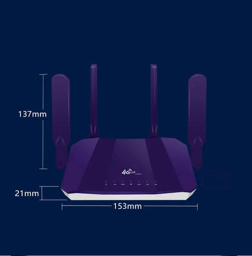 Blue dual-mode 4G and wired router with four extended antennas on a desk