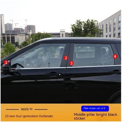 2023 Mitsubishi Outlander window pillar decal films in bright black and carbon fibre pattern options