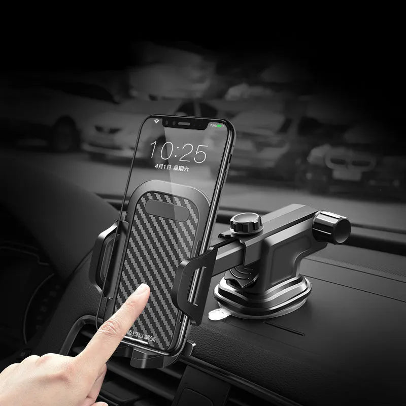 A black universal adjustable car phone holder suitable for mobile phones from 4 to 7 inches wide.