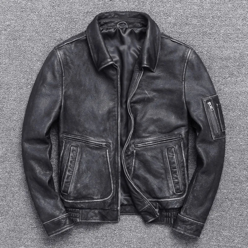 Men's thick cowhide leather jacket short length lapel collar ribbed hem grey colour