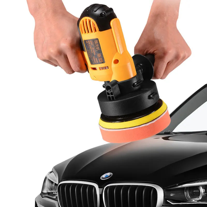 Yellow automotive polishing machine with 125mm disc for car, metal, wood and ceramic surfaces