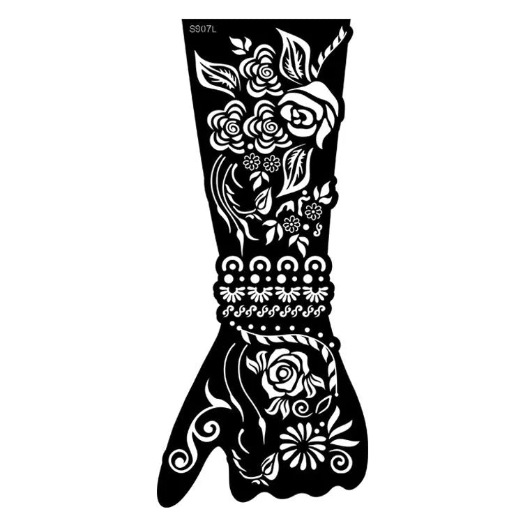 Geometric hollow template tattoo sticker sheet showing 30 symmetrical pattern designs