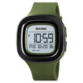 Men's square electronic sports watch with PU strap, stainless steel buckle, available in blue, Army Green, black, and camouflage.