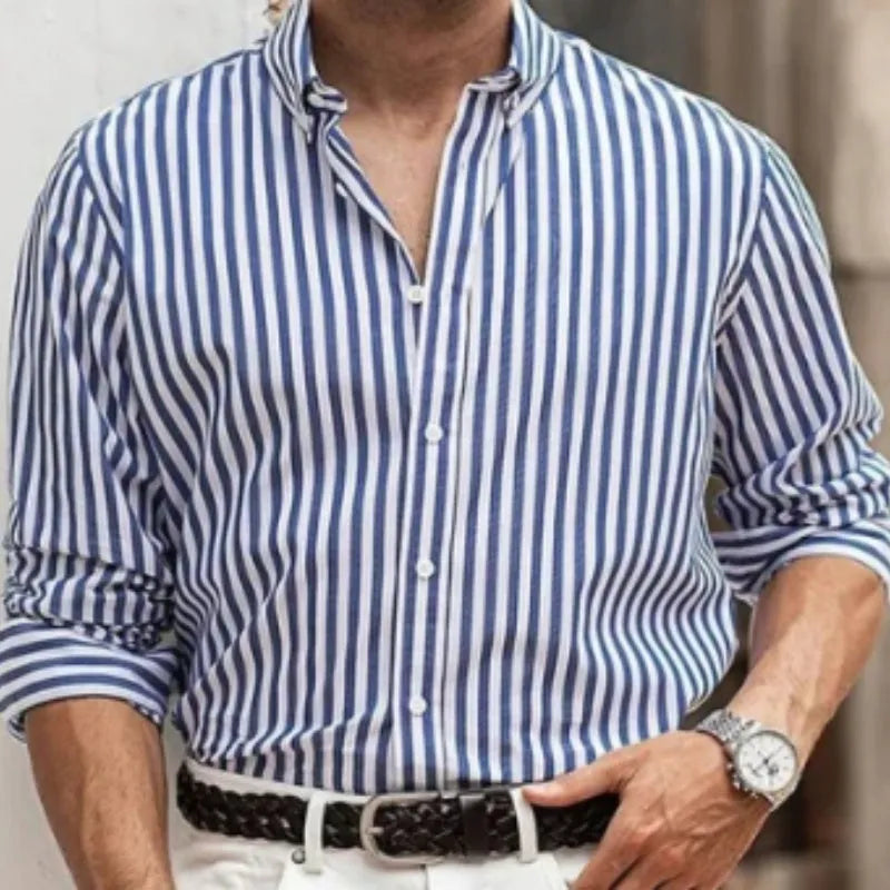Men's casual stripe button shirt in loose cardigan style, polyester long sleeve, available in Khaki